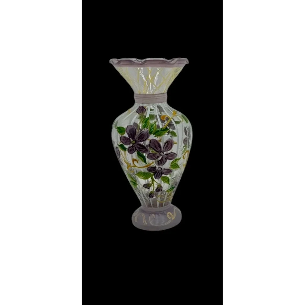 Tracy Porter Hand Painted Glass Purple Floral Bud Vase Ruffled Edge 6.5